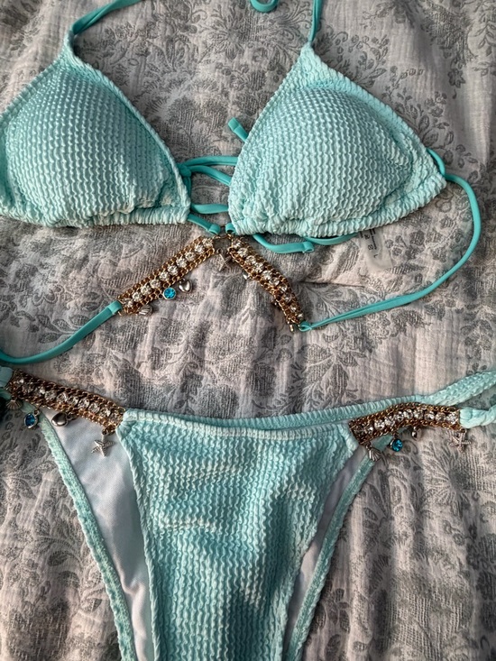 unknown Other - Mint Textured Bikini Set Rhinestone Beachy Chain Detail Size L